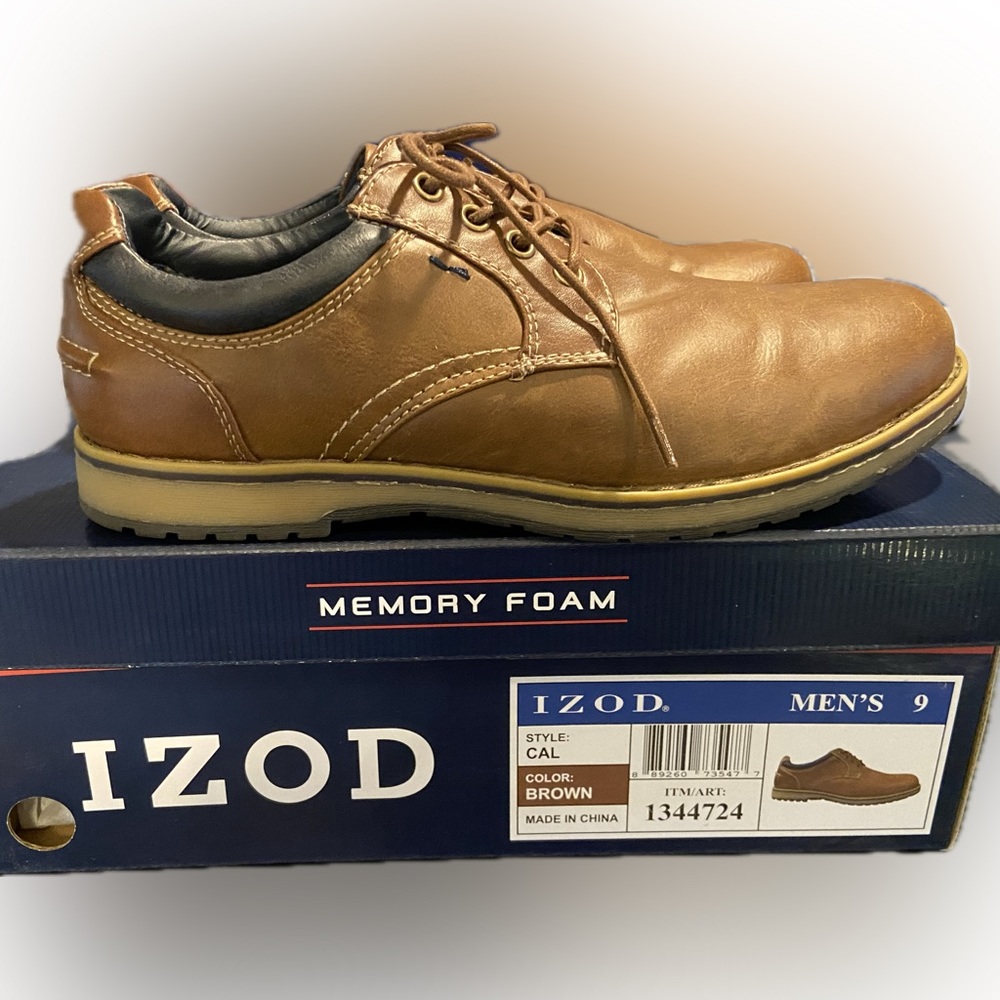 IZOD Men’s Oxford Shoes Brown Memory Foam Navy Padded Comfort Side Panels Size 9